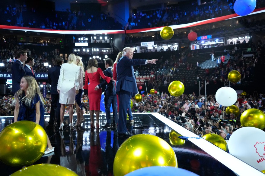 Donald Trump officially accepts the Republican presidential nomination on stage on the fourth day of the Republican National Convention at the Fiserv Forum on July 18, 2024 in Milwaukee, Wisconsin.
