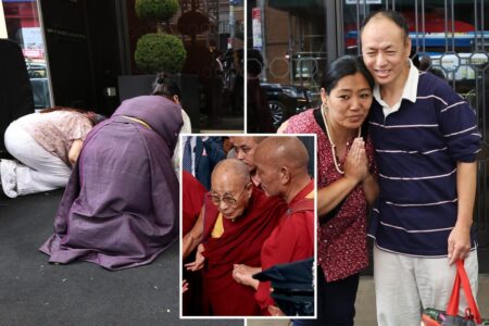 Dalai Lama’s followers pray for his knee surgery recovery outside ritzy NYC hotel