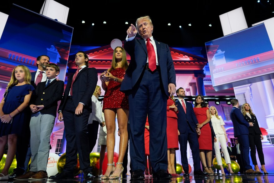Donald Trump officially accepts the Republican presidential nomination on stage on the fourth day of the Republican National Convention at the Fiserv Forum on July 18, 2024 in Milwaukee, Wisconsin.