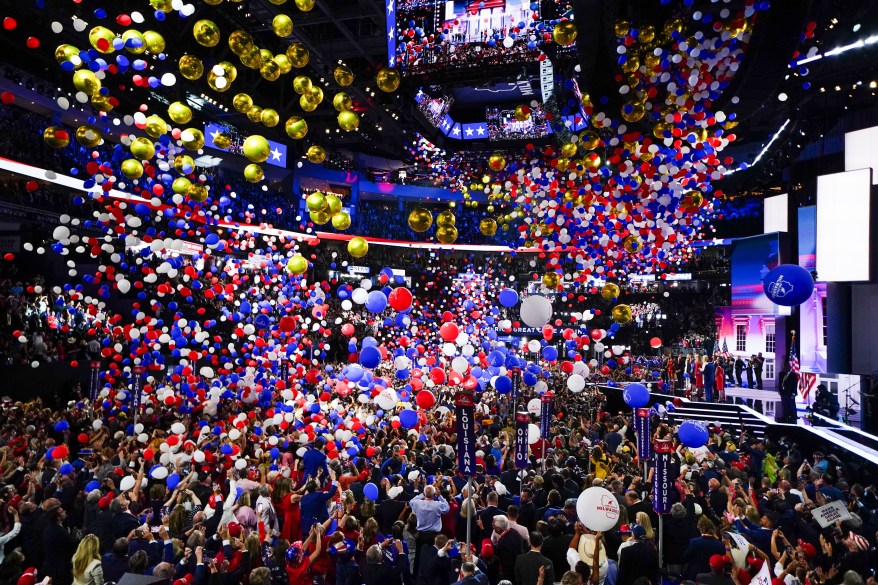 Donald Trump officially accepts the Republican presidential nomination on stage on the fourth day of the Republican National Convention at the Fiserv Forum on July 18, 2024 in Milwaukee, Wisconsin.