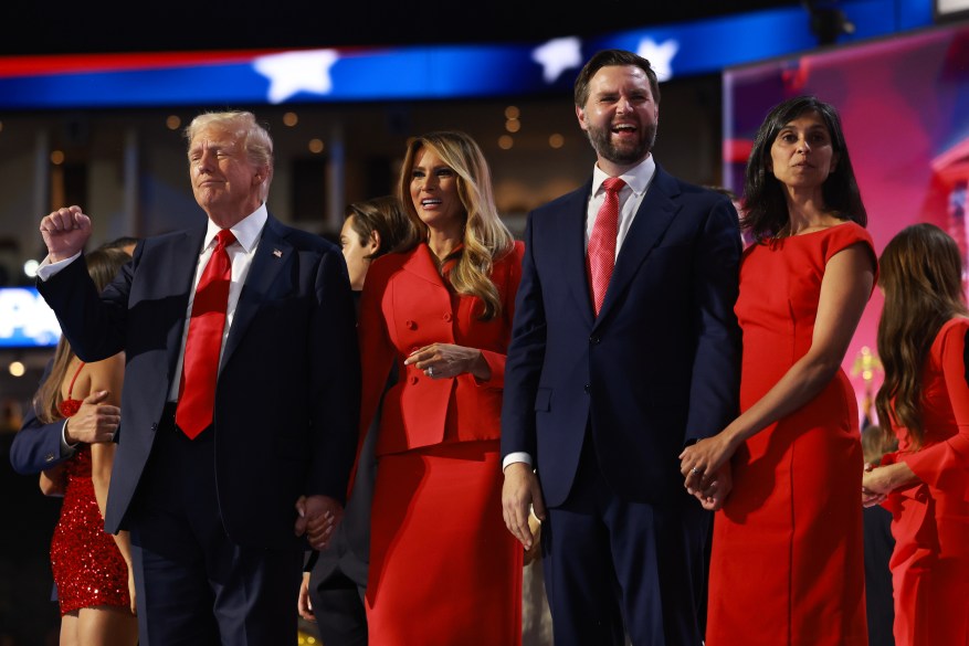 Donald Trump officially accepts the Republican presidential nomination on stage on the fourth day of the Republican National Convention at the Fiserv Forum on July 18, 2024 in Milwaukee, Wisconsin.