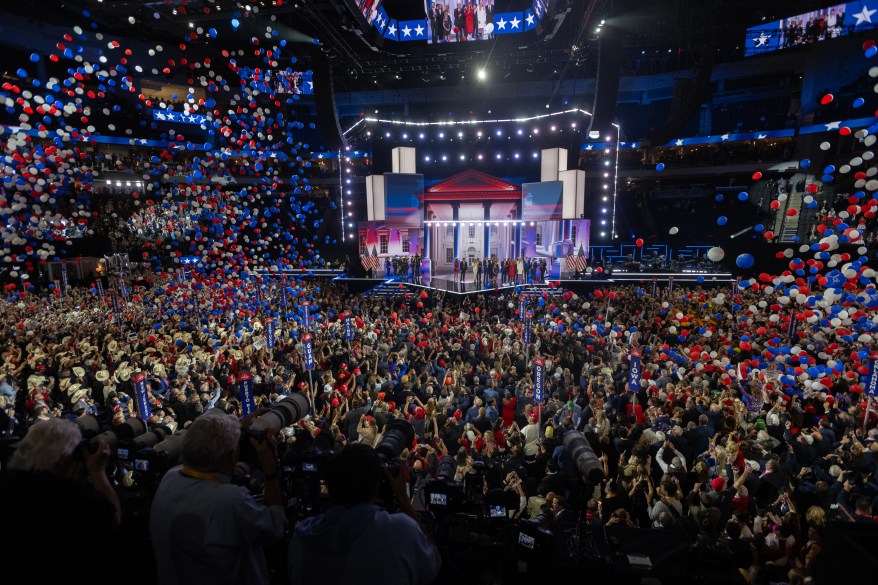 Donald Trump officially accepts the Republican presidential nomination on stage on the fourth day of the Republican National Convention at the Fiserv Forum on July 18, 2024 in Milwaukee, Wisconsin.