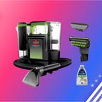 carpet cleaner with two attachments and cleaning liquid against red and blue gradient, red and blue stripes on the side