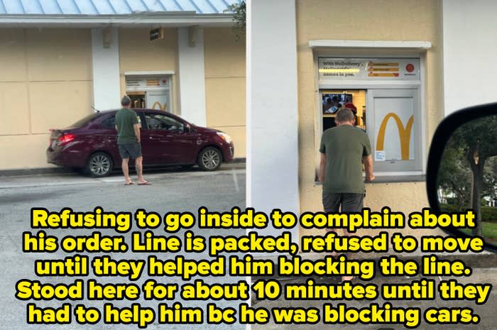 A person wearing a green t-shirt, shorts, and barefoot stands at a McDonald's drive-thru window next to a parked car