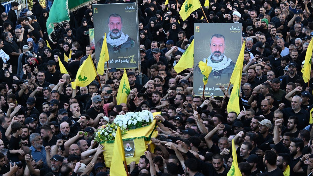 A funeral ceremony is held for Yasir Nemir Karnish, the former bodyguard of Hezbollah Secretary General Hassan Nasrallah, who was killed in clashes on the Israeli-Lebanese border in Beirut, Lebanon on July 10, 2024. Karnish's relatives and Hezbollah sympathizers attended the ceremony.