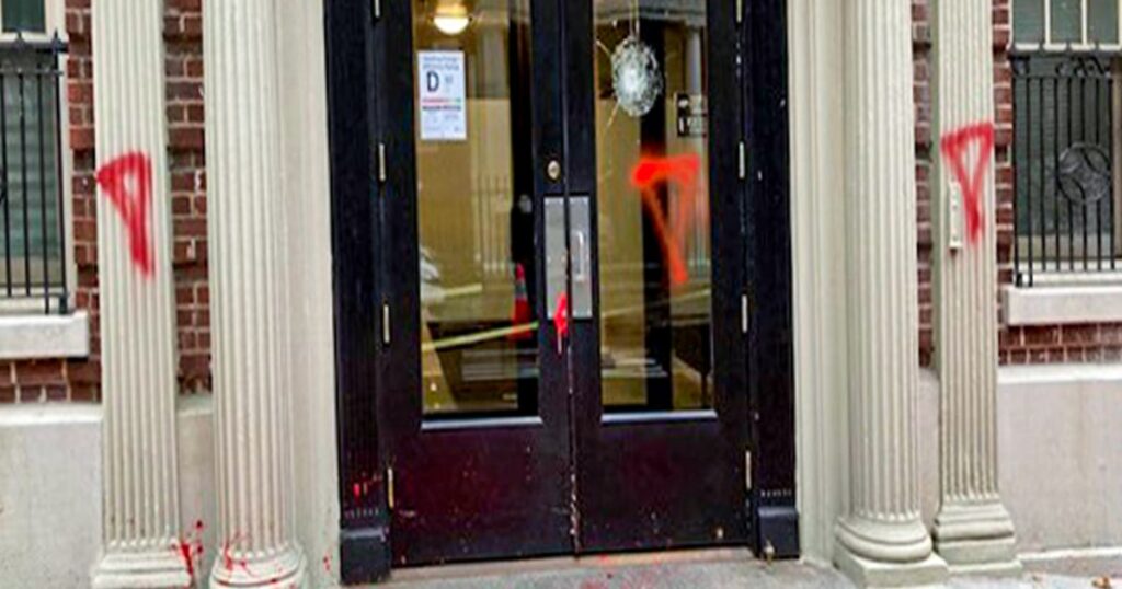 Columbia University exec’s New York apartment building vandalized with red paint and crickets