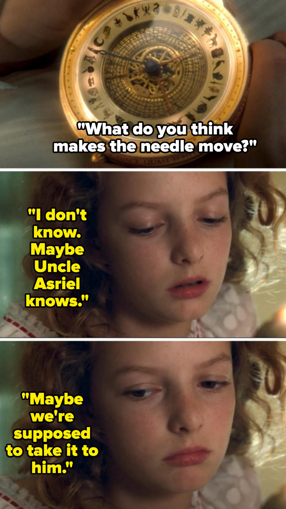 A close-up of a golden, intricate compass. Three frames below show a girl with curly hair, looking down thoughtfully