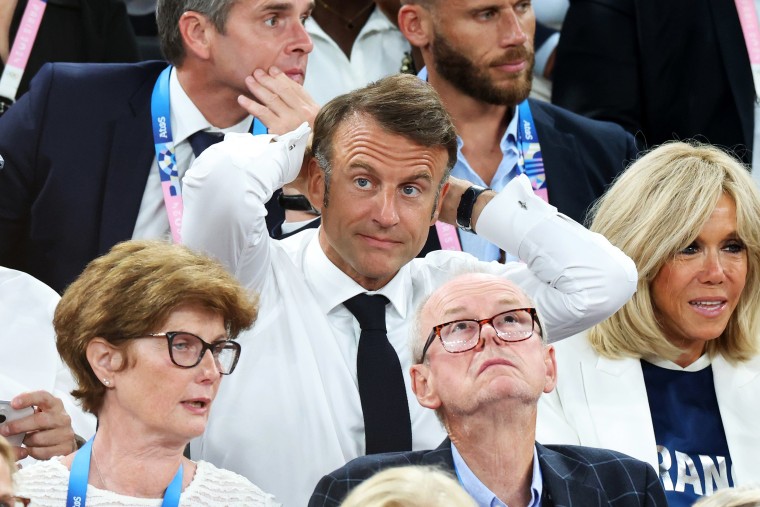French President Emmanuel Macron at the Olympic Games Paris 2024 at Bercy Arena on August 10, 2024 in Paris, France.
