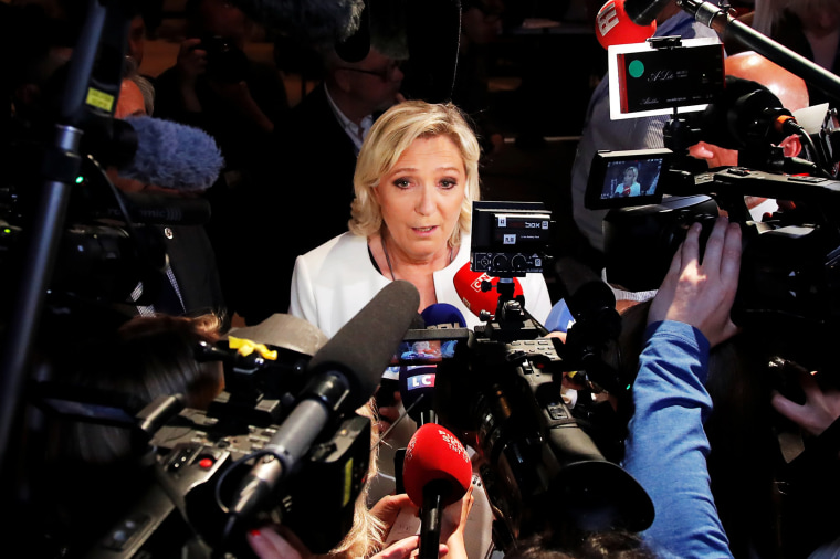 French far-right National Rally party leader Marine Le Pen talks to the media after the first results in Paris, France, May 26, 2019.