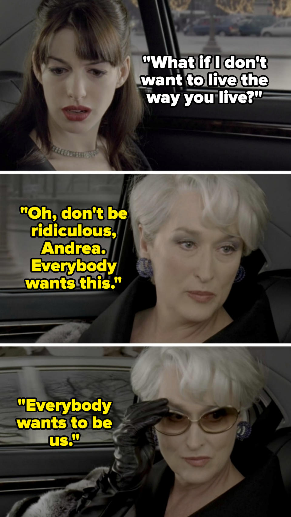 Anne Hathaway and Meryl Streep in a car from "The Devil Wears Prada." Anne wears a necklace, Meryl wears a fur coat, black gloves, and sunglasses