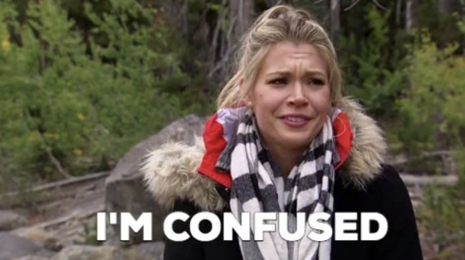Woman outdoors looks baffled with text overlay: "I'M CONFUSED". She wears a checkered scarf and jacket with fur trim