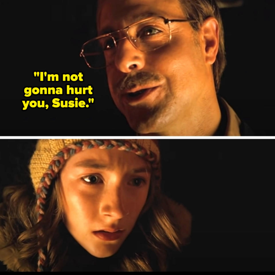 Stanley Tucci with glasses looking down, and Saoirse Ronan wearing a knit hat with a concerned expression, both in a dimly lit setting