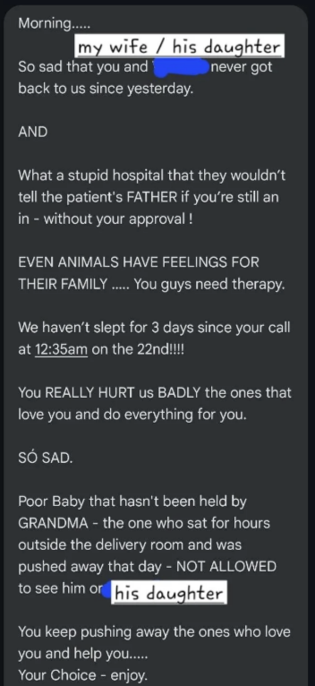 A conversation discussing the absence and lack of contact from a wife and his daughter, criticizing hospital protocols, and expressing deep hurt and sadness