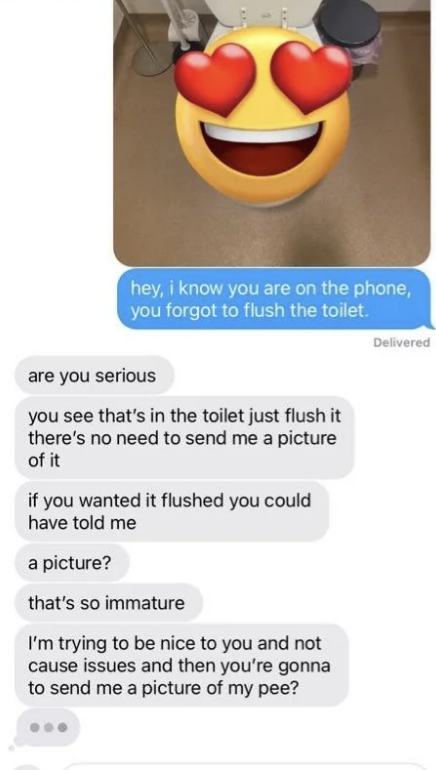Text conversation screenshot where one person sends an emoji with heart eyes above a toilet and remarks about someone forgetting to flush. The respondent expresses frustration and calls it immature