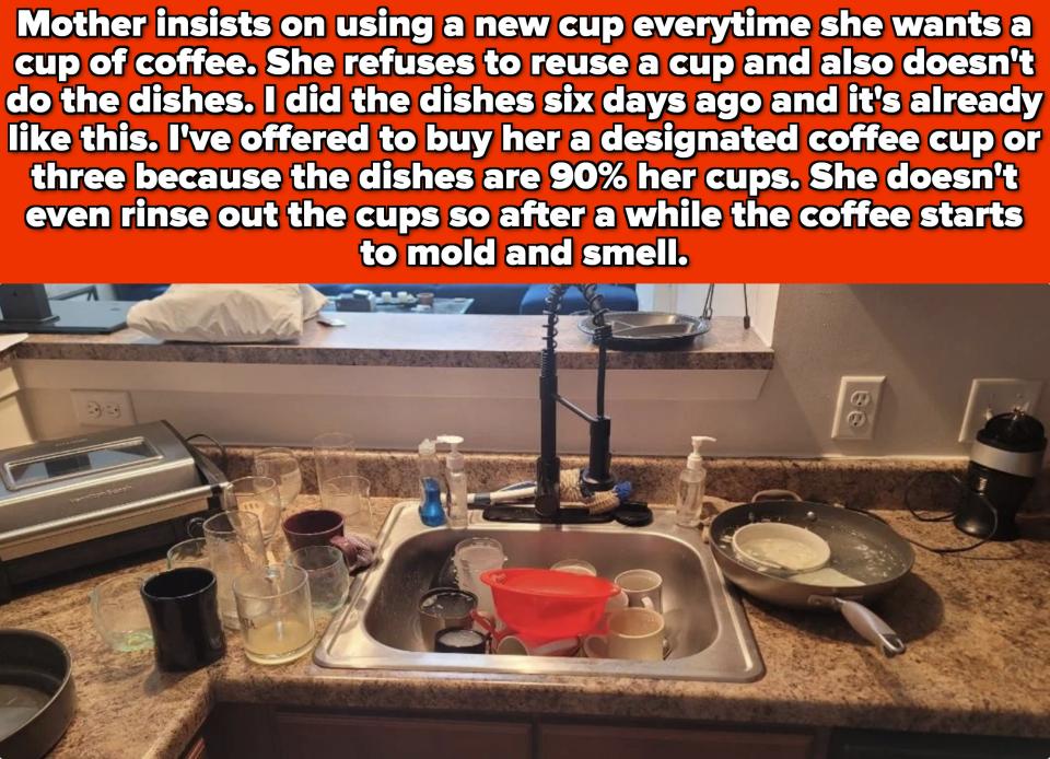 A kitchen sink filled with dirty dishes and coffee cups, with a note describing frustration about someone using a new cup for coffee every time and not doing the dishes