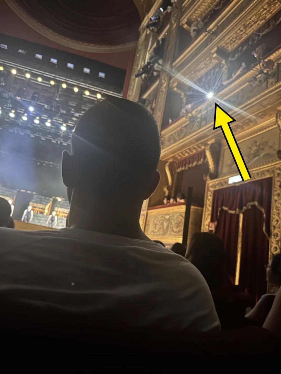 Audience member watching a live stage performance in an opulent theater