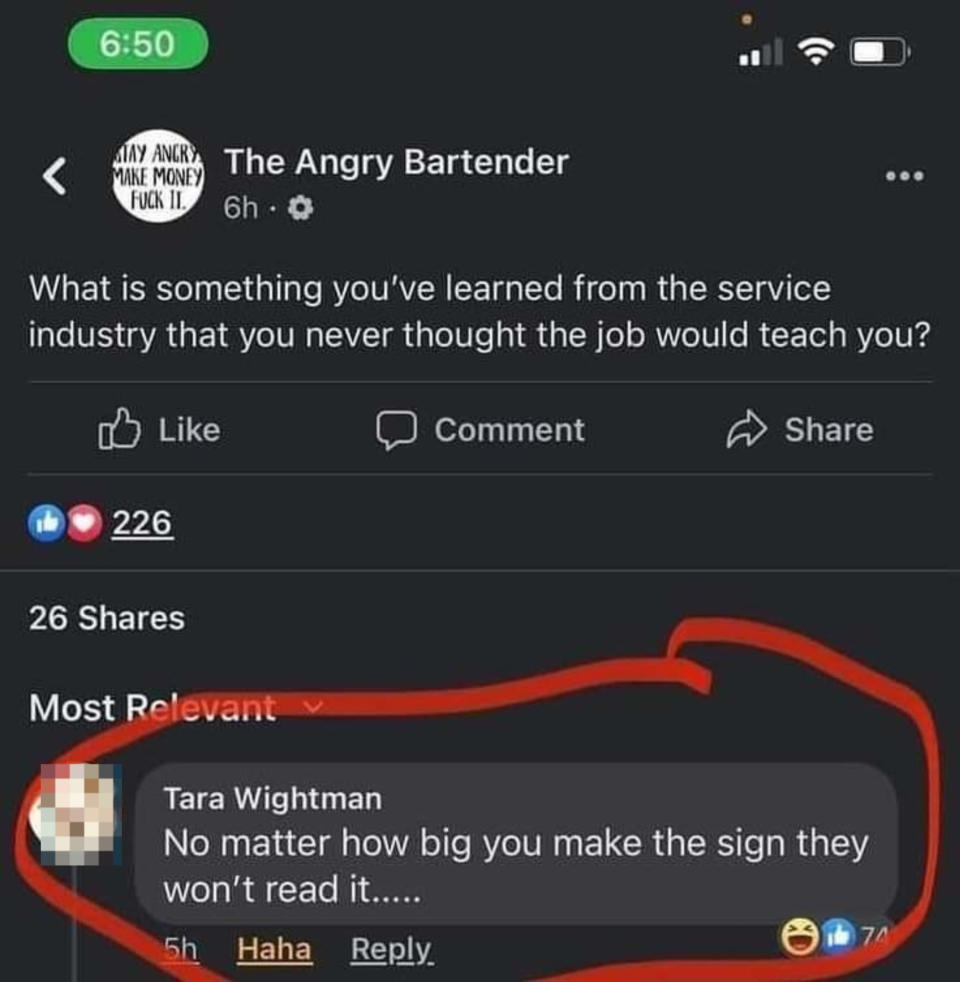 Meme about no matter how big you make a sign, customers won't read it