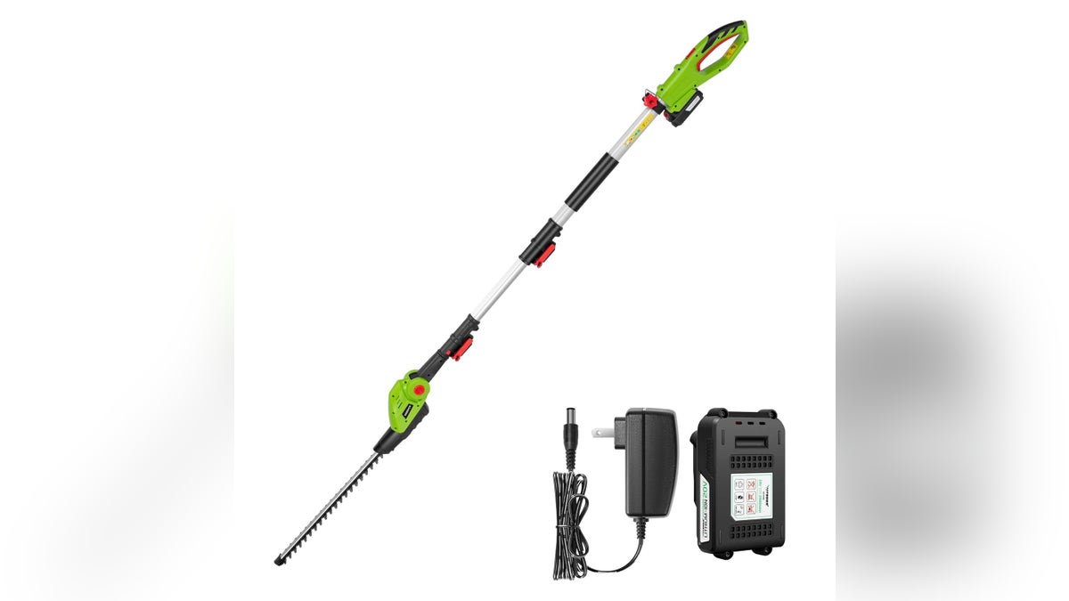 Reach tall trees and hedges with an electric trimmer.