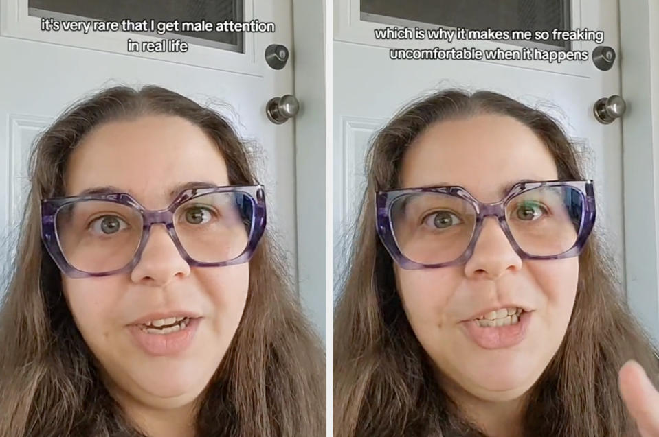 Split image of a woman with long hair and glasses. Text reads, "it's very rare that I get male attention in real life," "which is why it makes me so freaking uncomfortable when it happens."