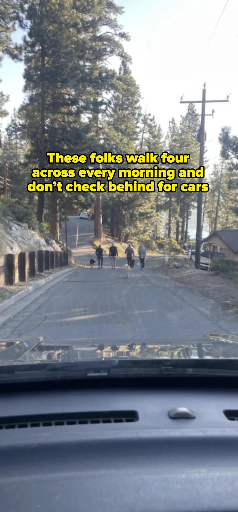 Five people walking down a wooded road, as seen from inside a car. The road is flanked by trees and a few buildings