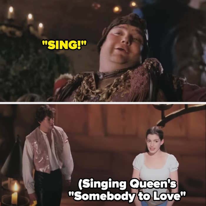 Top image: A man in period costume exclaims "SING!". Bottom image: A woman in historical dress sings Queen's "Somebody to Love" while a man looks on