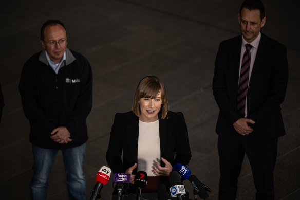 Transport Minister Jo Haylen on Tuesday, flanked by Sydney Metro chief executive Peter Regan, left, and Transport for NSW secretary Josh Murray.