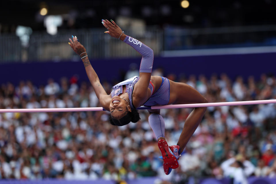 PARIS, FRANCE - AUGUST 02: Rachel Glenn of Team United States of America competes during the Women’s High Jump Qualification on day seven of the Olympic Games Paris 2024 at Stade de France on August 02, 2024 in Paris, France. (Photo by Cameron Spencer/Getty Images)