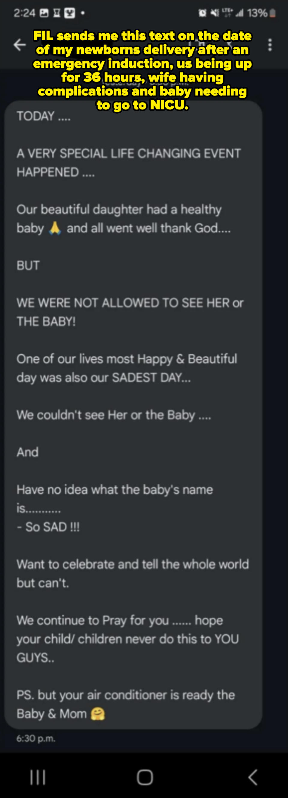An image of a dark background with white text containing a message from parents. It summarizes their joy of having a healthy baby but sadness due to not seeing the baby or knowing the name. They also express love and prayers