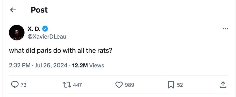 Tweet saying "what did paris do with all the rats?"