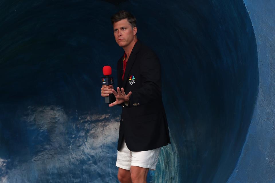 Colin Jost films a segment as he covers Olympic surfing in Tahiti for NBC on July 28, 2024, in Teahupo'o, French Polynesia.