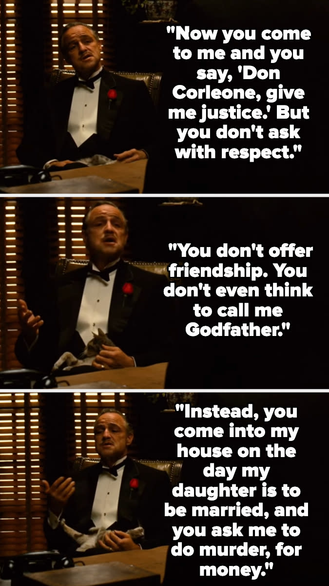 A scene from "The Godfather" with Marlon Brando as Vito Corleone. Three consecutive panels feature his dialogue about respect, friendship, and requests