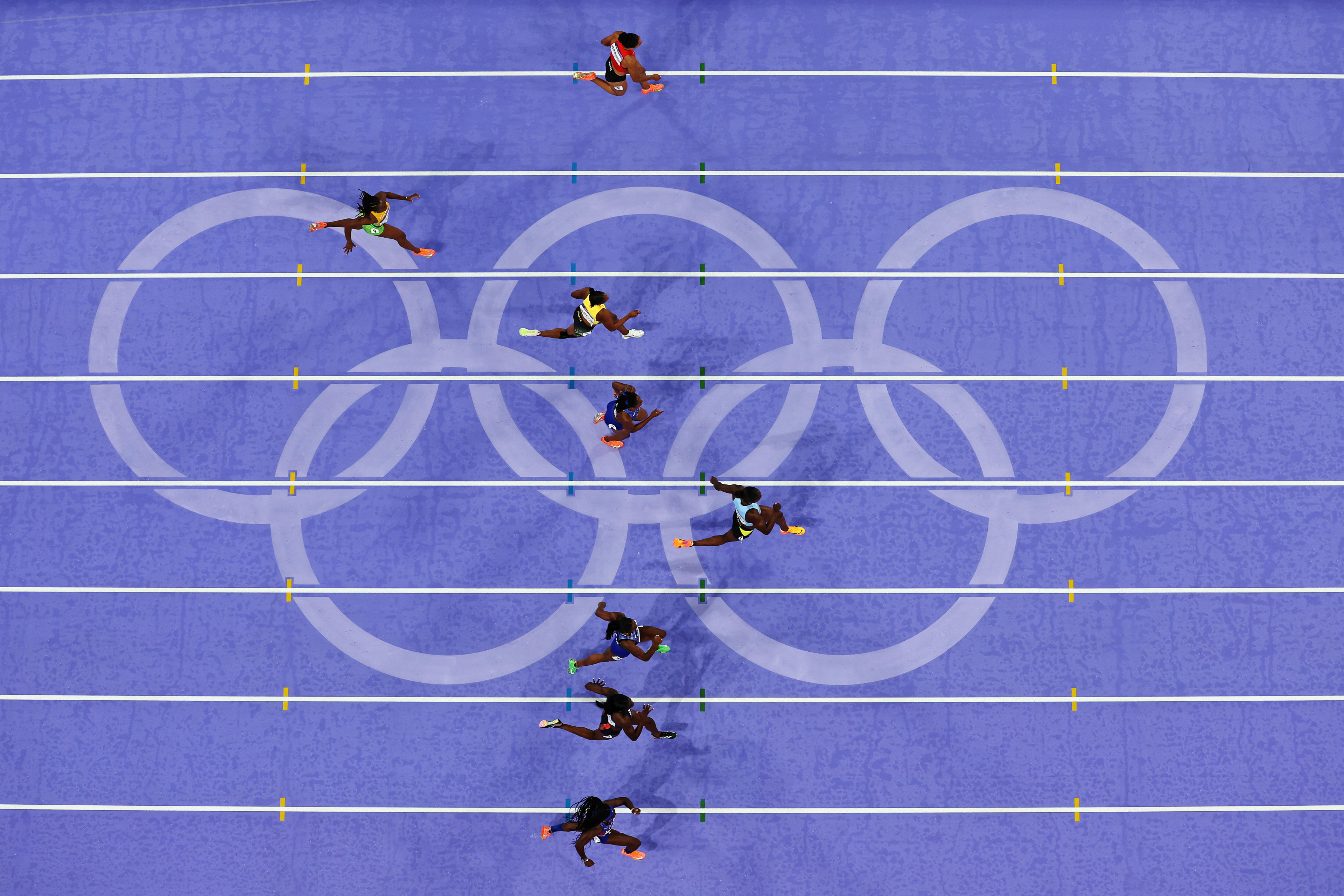 A general view as athletes compete during the Women's 100 meter final on day eight of the Olympic Games at Stade de France on August 03, 2024 in Paris, France. (Richard Heathcote/Getty Images)