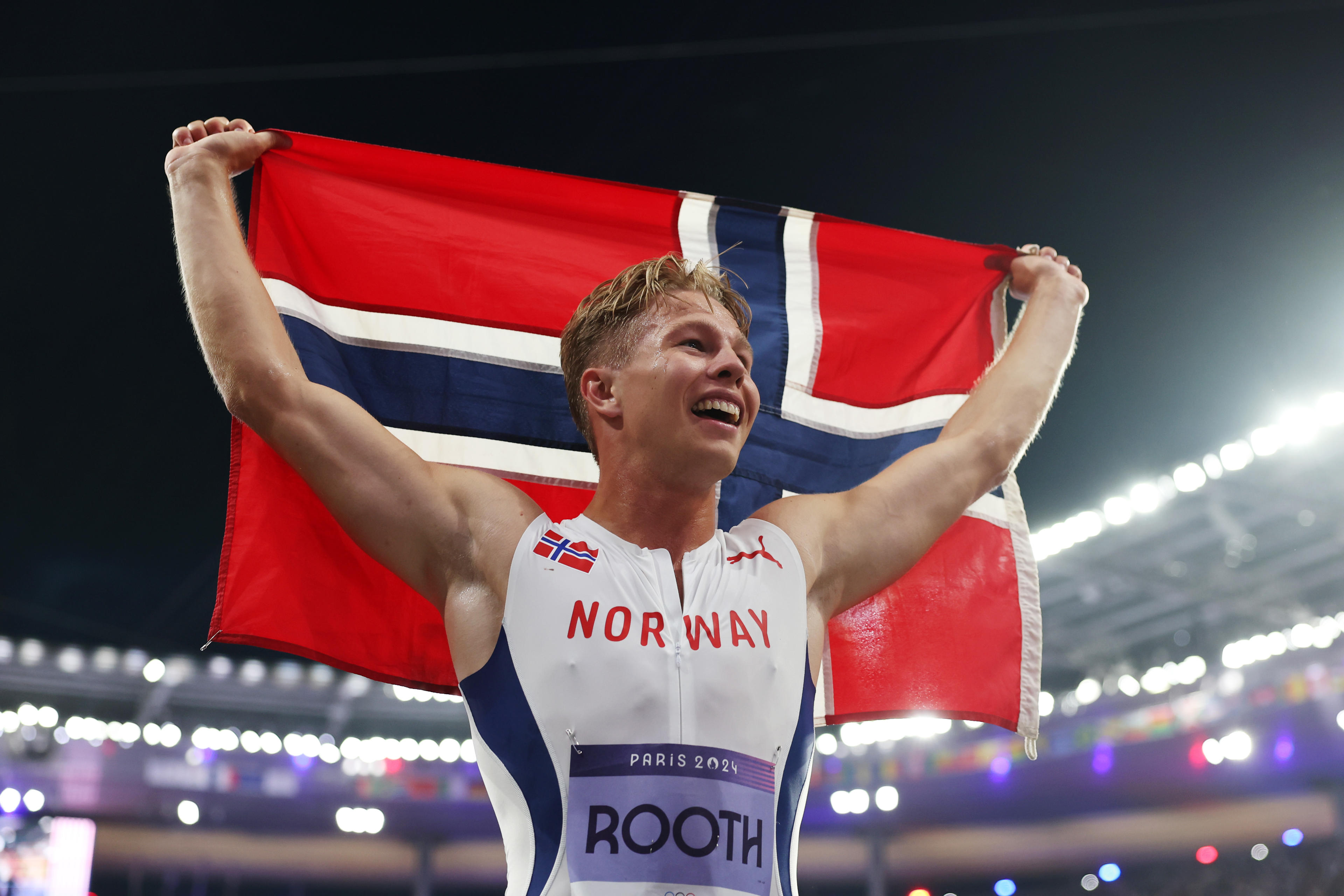 Gold medalist Markus Rooth of Team Norway reacts after the Men's Decathlon 1500m on day eight of the Olympic Games at Stade de France on August 03, 2024 in Paris, France. (Cameron Spencer/Getty Images)