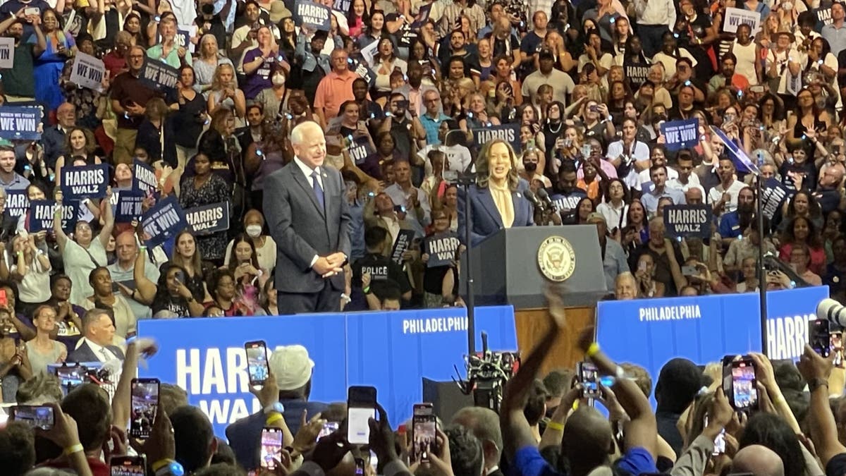 Harris and Walz in wide shot from campaign rally