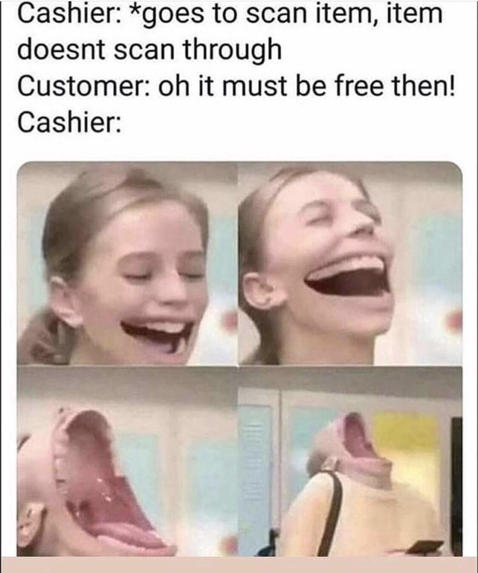 Meme of a person laughing at a bad joke about item being free because it didn't scan