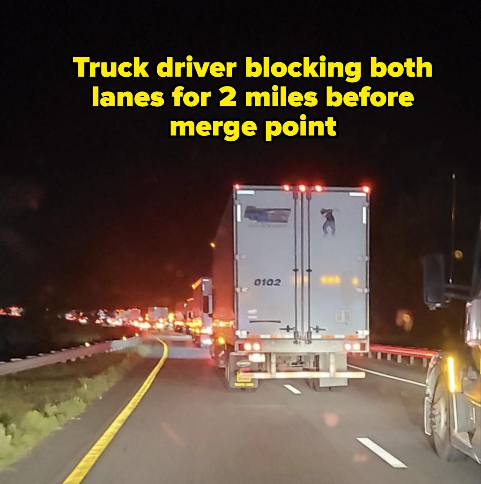 Traffic delay at night due to multiple trucks and cars lined up on a highway