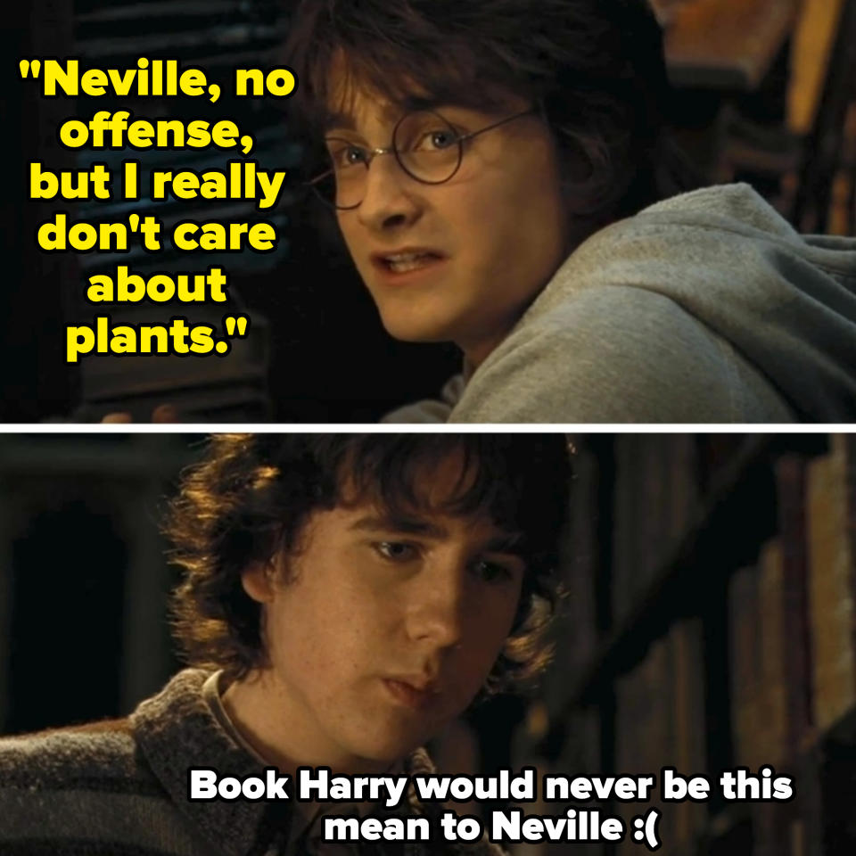 Top image: Harry Potter looking concerned in a dimly lit room. Bottom image: Neville Longbottom looking down in a library