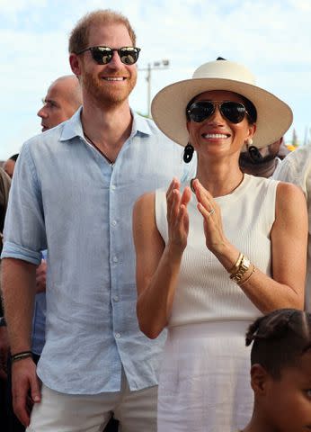 <p>Eric Charbonneau/Archewell Foundation via Getty </p> Prince Harry and Meghan Markle visit Colombia on Aug. 17, 2024