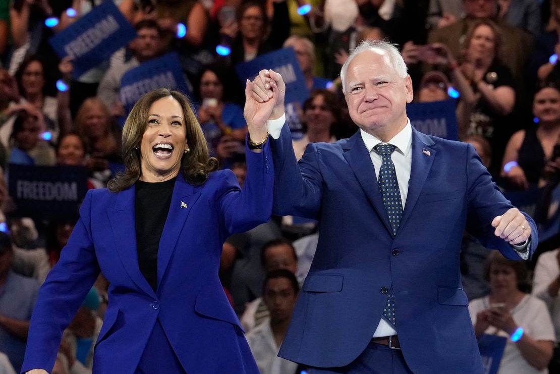 Democratic presidential nominee Vice President Kamala Harris and running mate Minnesota Gov. Tim Walz appear at the Fiserv Forum during a campaign rally in Milwaukee, Tuesday, August 20.