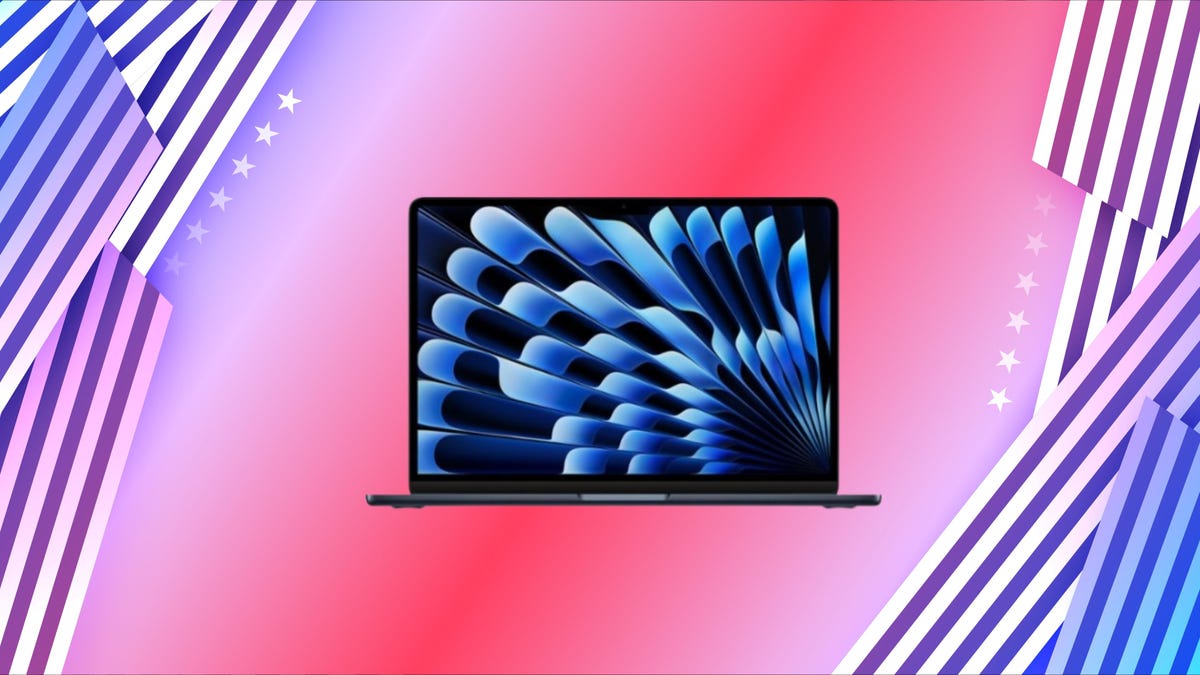 Apple 13-inch MacBook Air M3 with swirling blue and black colors on the screen displayed against a background image of gradient pink and red with stripes on the sides