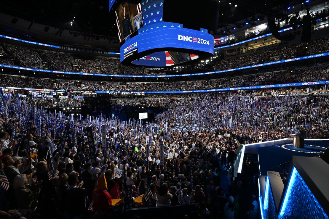 Kamala Harris speaks at the United Center during the Democratic National Convention in Chicago, Illinois, on August 22, 2024.