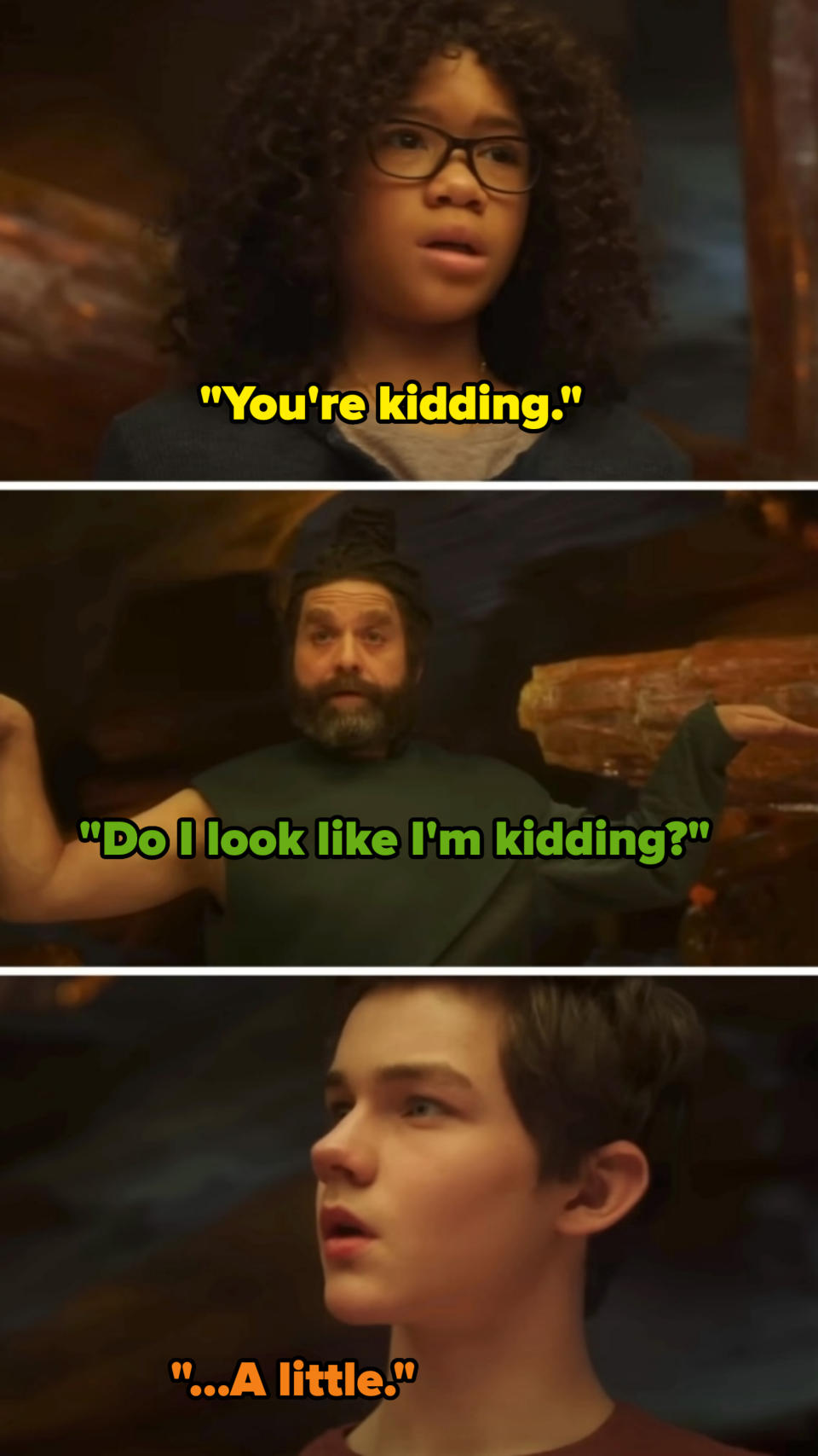 Storm Reid, Zach Galifianakis, and Deric McCabe in a scene from a movie, set in a fantasy environment with distressed clothing