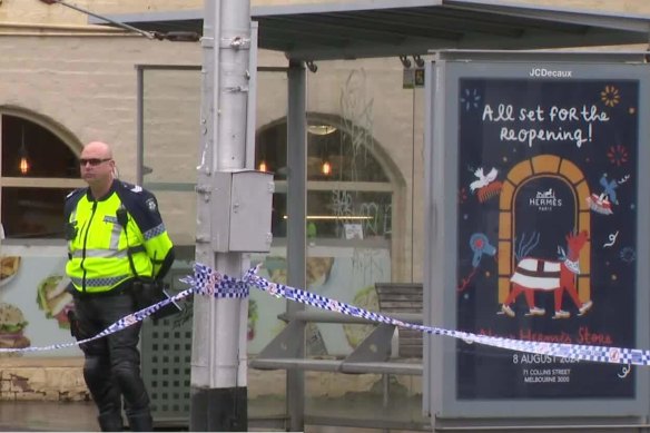 A tram stop at the corner of Bridge Road and Church Street is taped off on Tuesday.