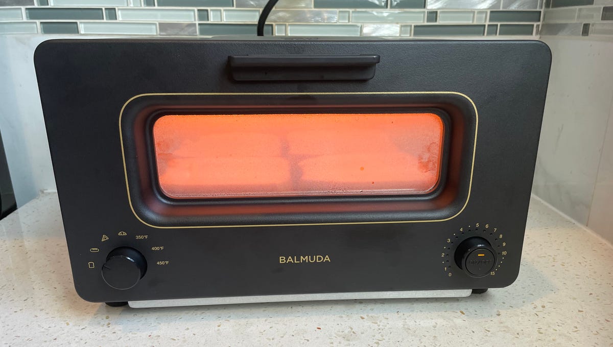 A Balmuda toaster oven in use.
