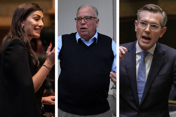 David Chandler (centre) wrote a resignation letter containing allegations against then-fair trading minister Eleni Petinos (left), which was referred to ICAC by Dominic Perrottet.