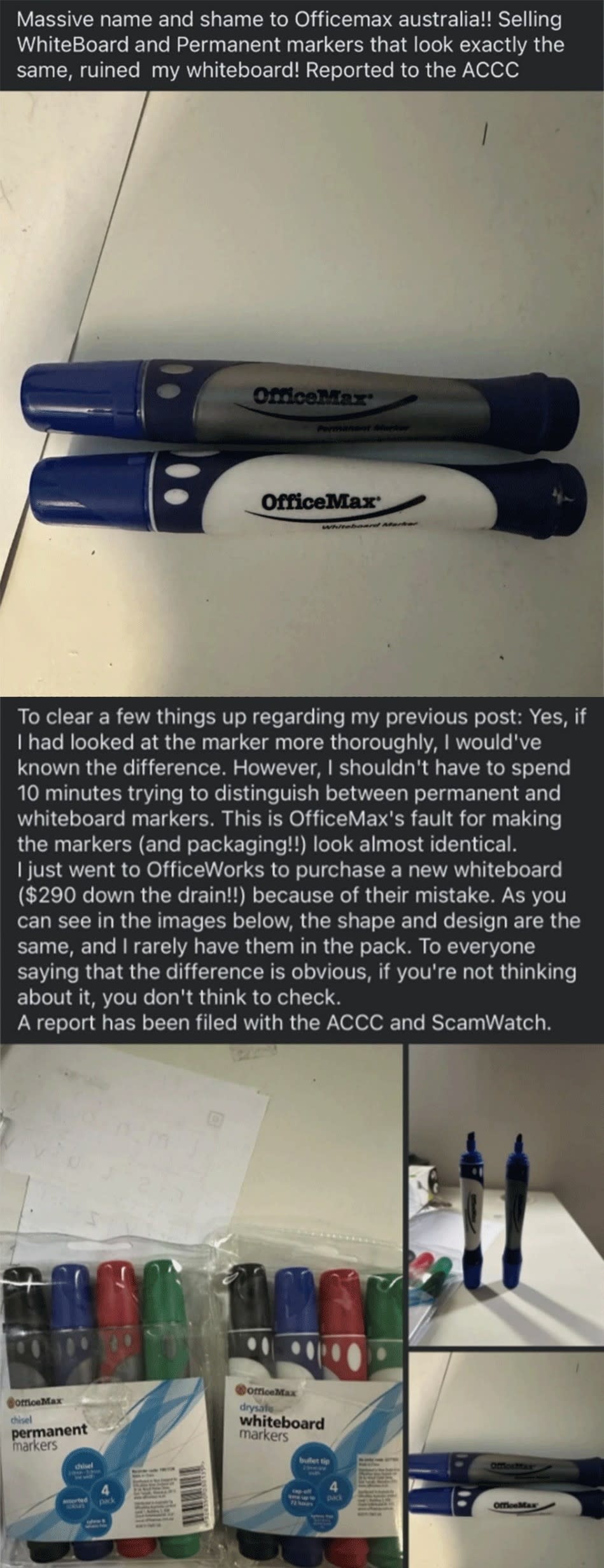 Two black markers labeled "OfficeMax" with a message about the markers looking similar to whiteboard markers and ruining a user’s whiteboard