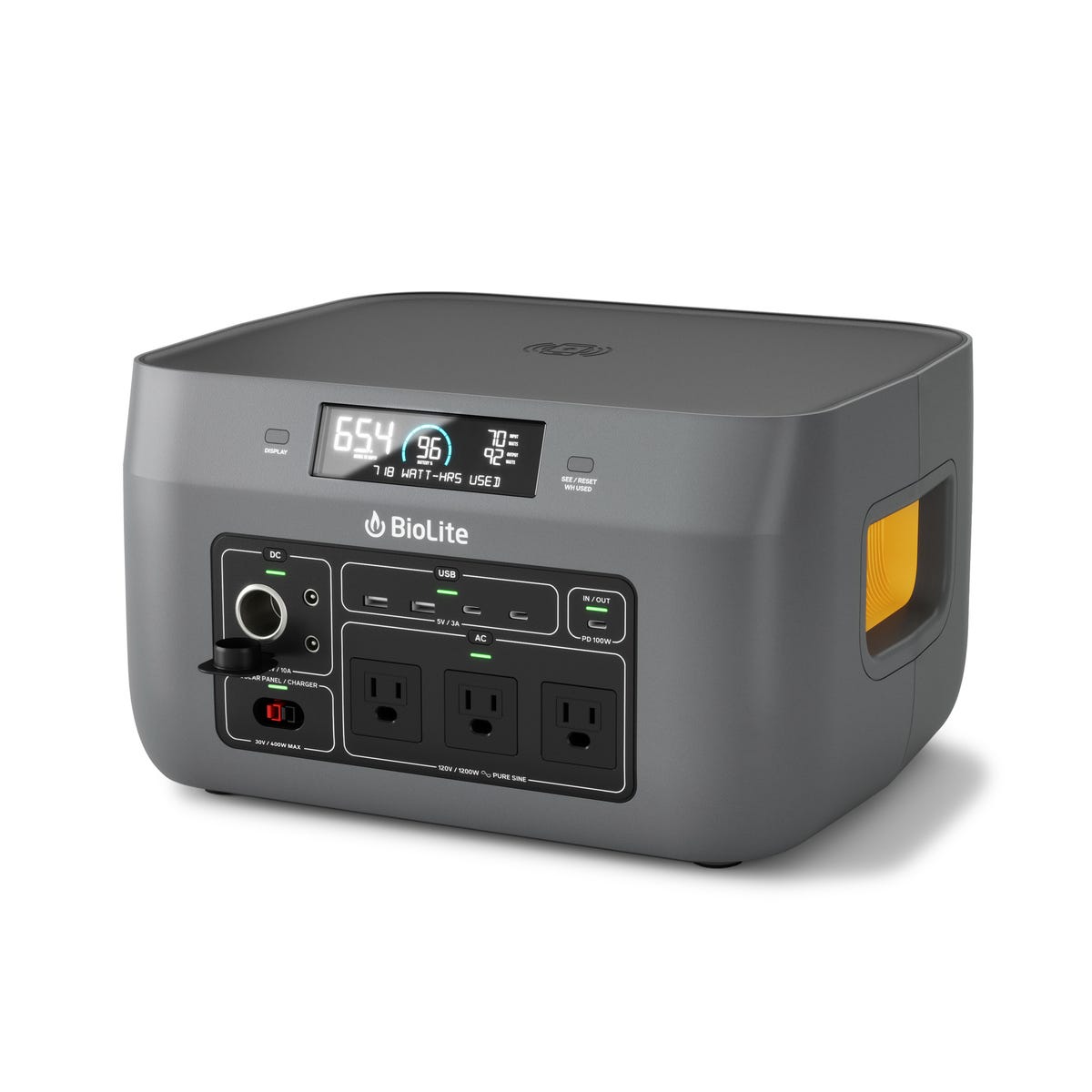 BioLite''s squat BaseCharge 1500 battery, with lots of charging ports and plugs on the front