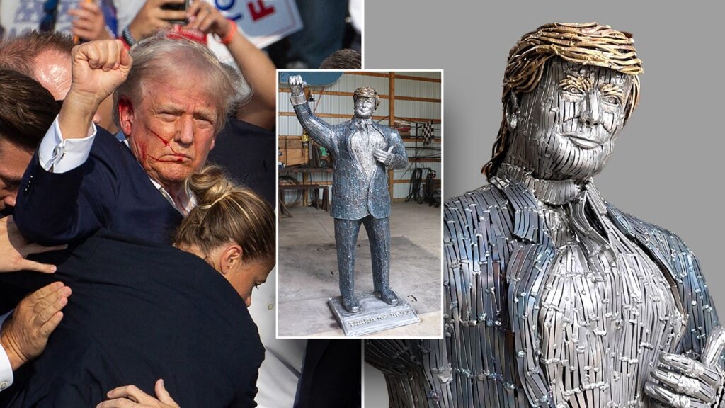 Life-size sculpture of ‘fighting’ Trump made from nails unveiled at assassination attempt site