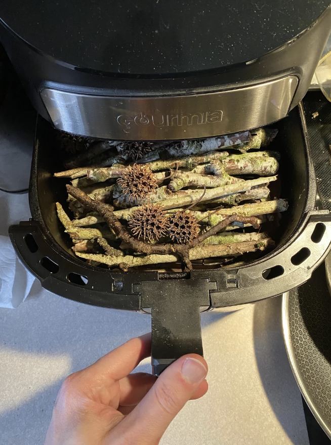 A hand is holding an open air fryer drawer filled with twigs and gumballs