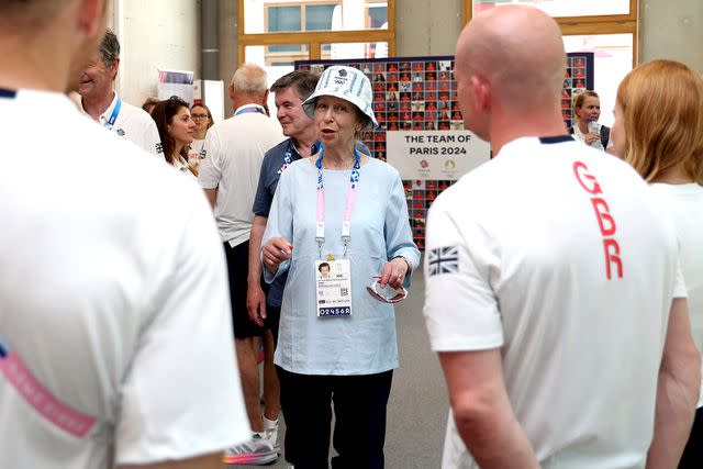 <p>Pascal Le Segretain/Getty</p> Princess Anne chats with staff and athletes at Team GB House at the Paris Olympics on July 31, 2024.
